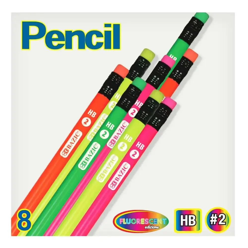 Fluorescent Wood Pencil with Eraser (8 pencils)
