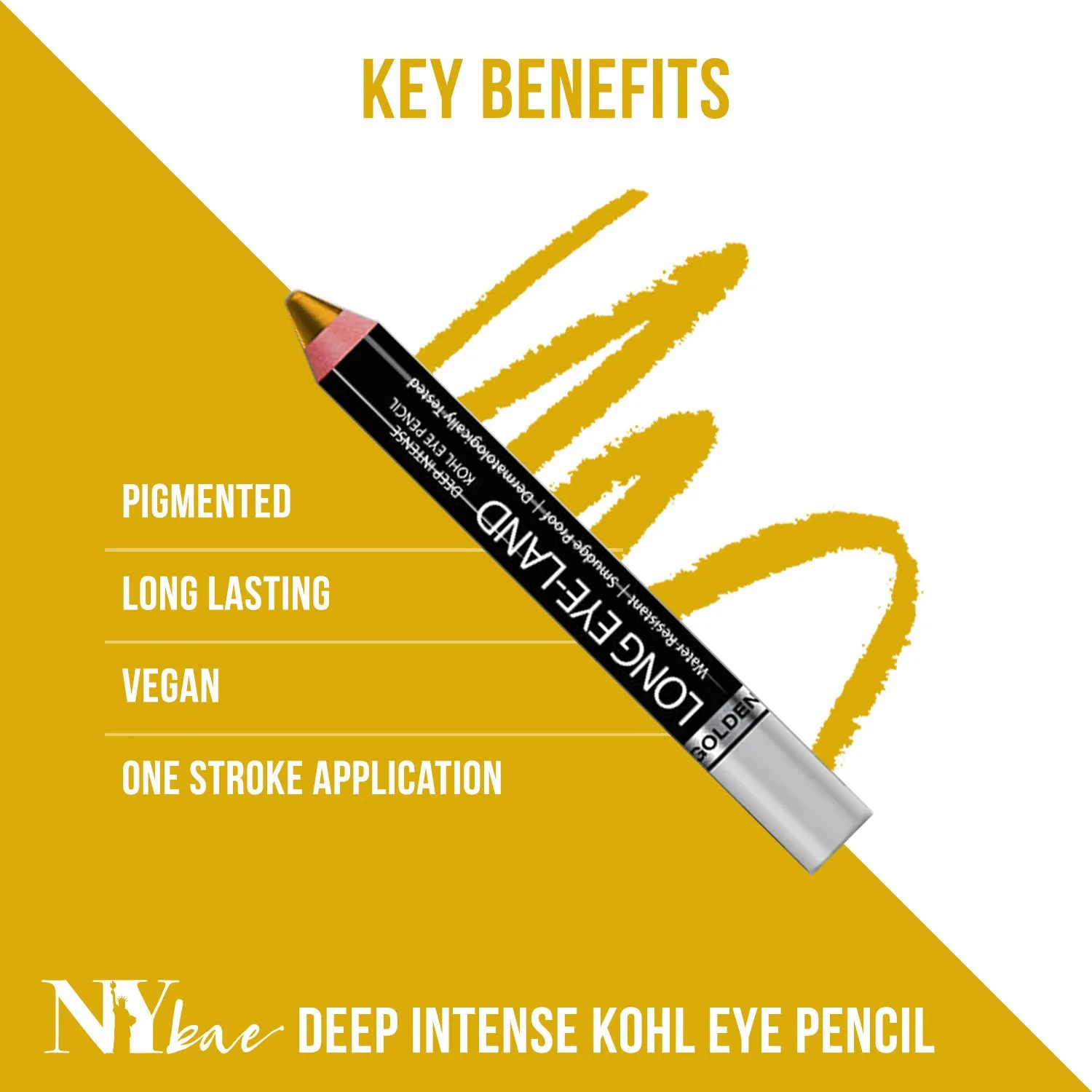 Ny Bae Long Eye-Land | Deep Intense Kajal | Eye Pencil | Shimmer Finish | High Pigmentation | Enriched with Vitamin E And Castor Oil - Golden